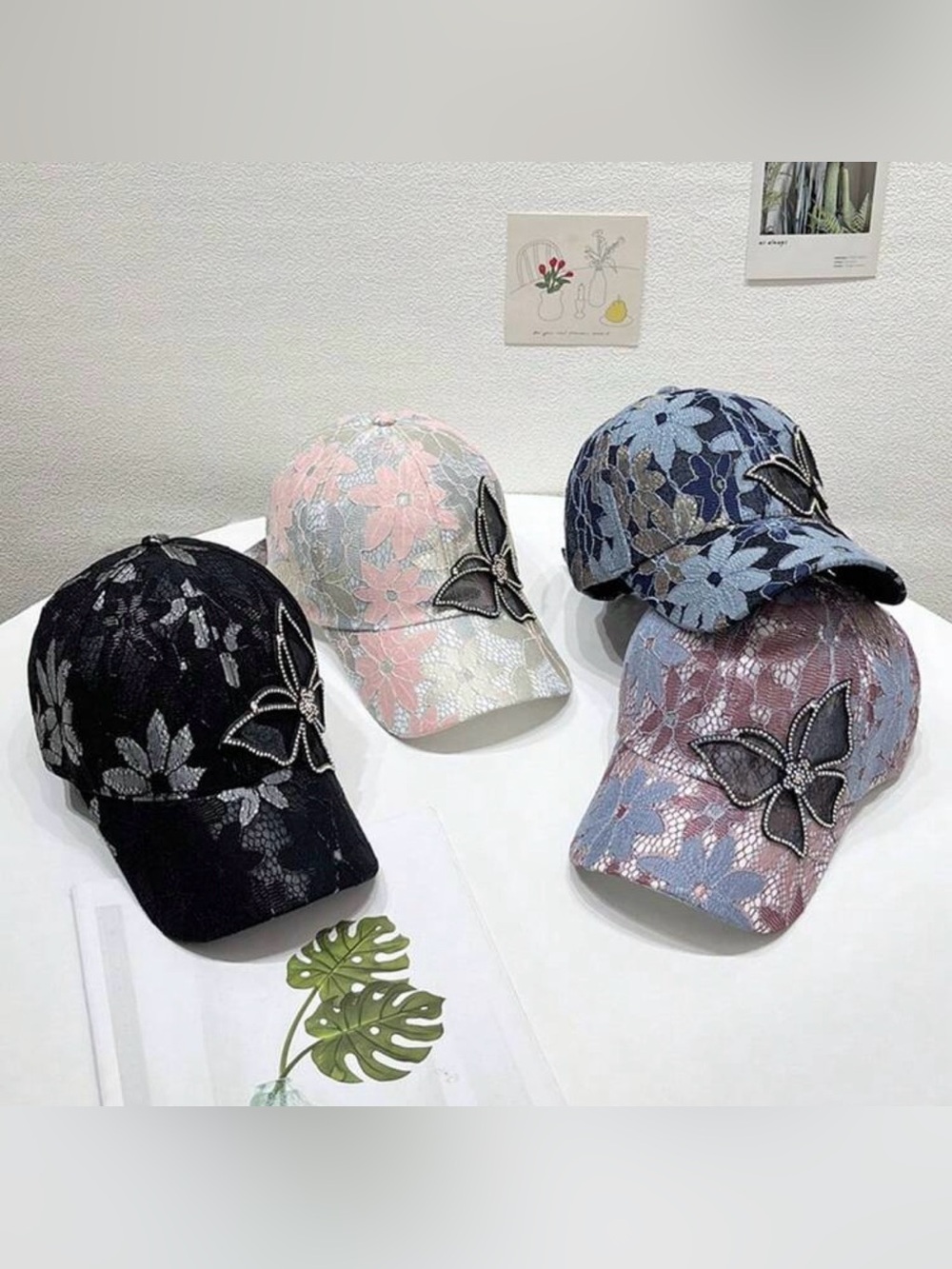 Navy Floral Embroidered Baseball Cap with Rhinestone Flower Accent - Picture 3 of 3